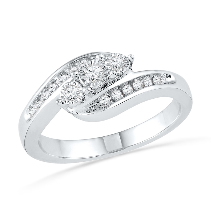 0.20 CT. T.W. Diamond Three Stone Bypass Promise Ring in 10K White Gold