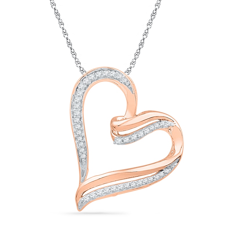 0.16 CT. T.W. Diamond Ribbon Tilted Heart Pendant in 10K Rose Gold|Peoples Jewellers