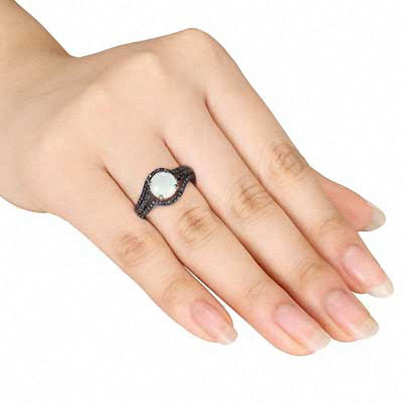 8.0mm Opal and 0.10 CT. T.W. Black Diamond Swirl Ring in Sterling Silver