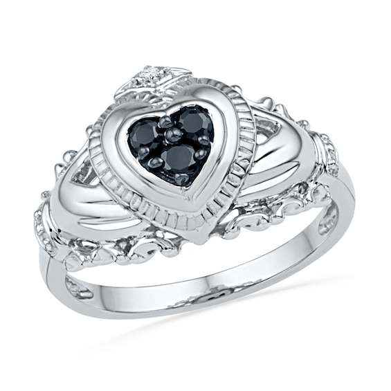 0 16 Ct T W Enhanced Black And White Diamond Claddagh Ring In Sterling Silver Peoples Jewellers