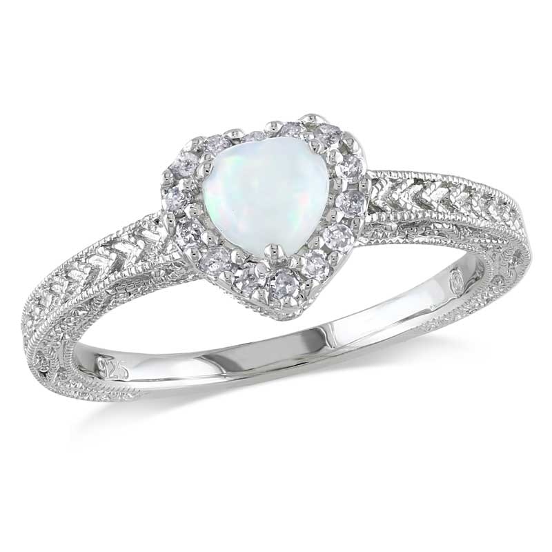 5.0mm Heart-Shaped Opal and 0.14 CT. T.W. Diamond Frame Ring in Sterling Silver