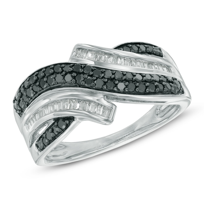 0.50 CT. T.W. Enhanced Black and White Diamond Layered Bypass Ring in Sterling Silver|Peoples Jewellers