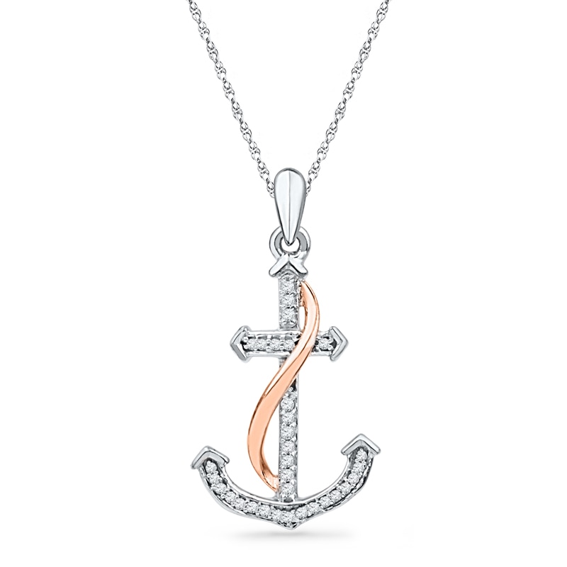 Main Image 1 of 0.10 CT. T.W. Diamond Anchor Pendant in Sterling Silver and 10K Rose Gold