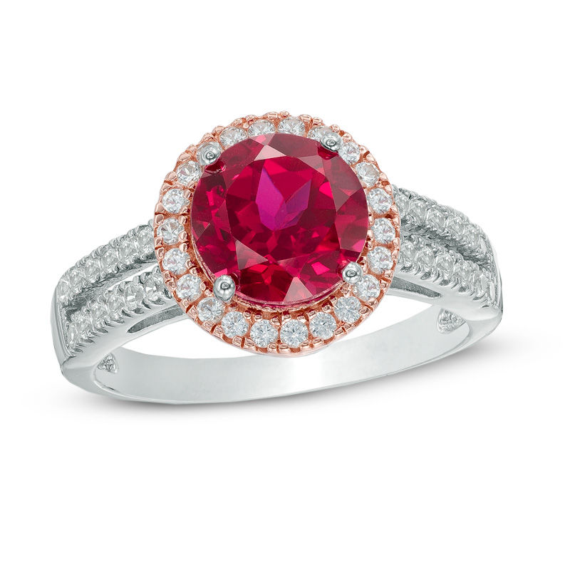 8.0mm Lab-Created Ruby and White Sapphire Frame Ring in Sterling Silver with 14K Rose Gold Plate