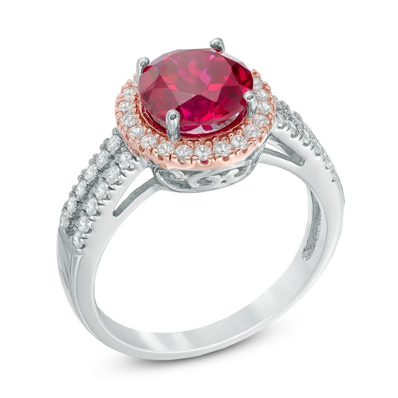 8.0mm Lab-Created Ruby and White Sapphire Frame Ring in Sterling Silver with 14K Rose Gold Plate