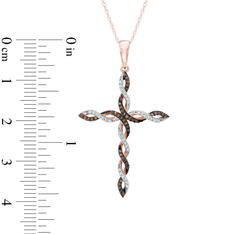 Main Image 2 of 0.18 CT. T.W. Enhanced Cognac and White Diamond Braid Cross Pendant in 10K Rose Gold