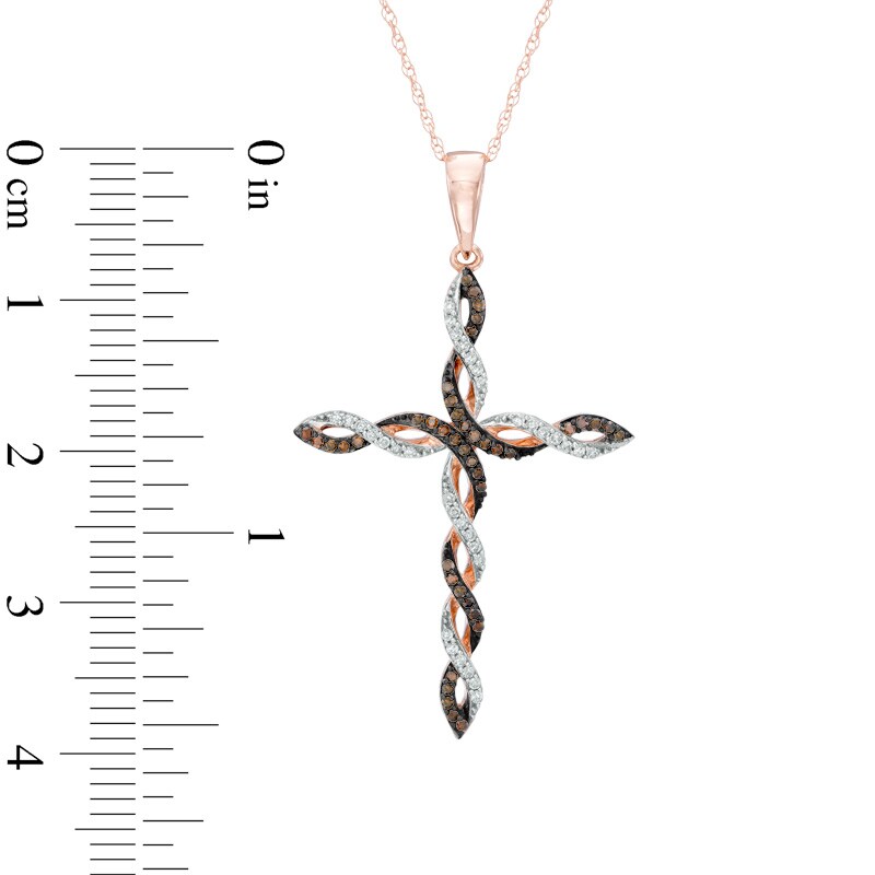 0.18 CT. T.W. Enhanced Cognac and White Diamond Braid Cross Pendant in 10K Rose Gold