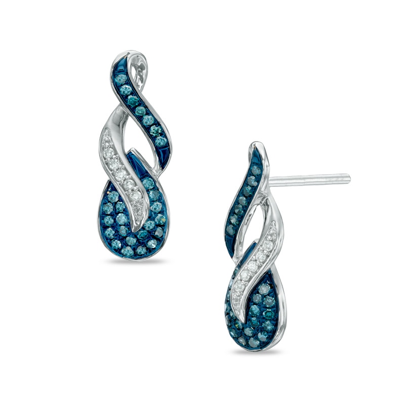 0.15 CT. T.W. Enhanced Blue and White Diamond Overlay Teardrop Earrings in 10K White Gold