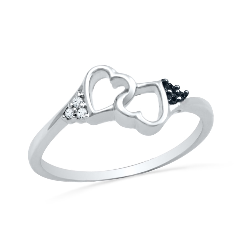 Enhanced Black and White Diamond Accent Double Heart Promise Ring in 10K White Gold