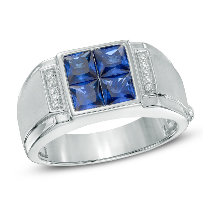 Main Image 1 of Square-Cut Lab-Created Blue Sapphire and Diamond Accent Quad Ring in Sterling Silver