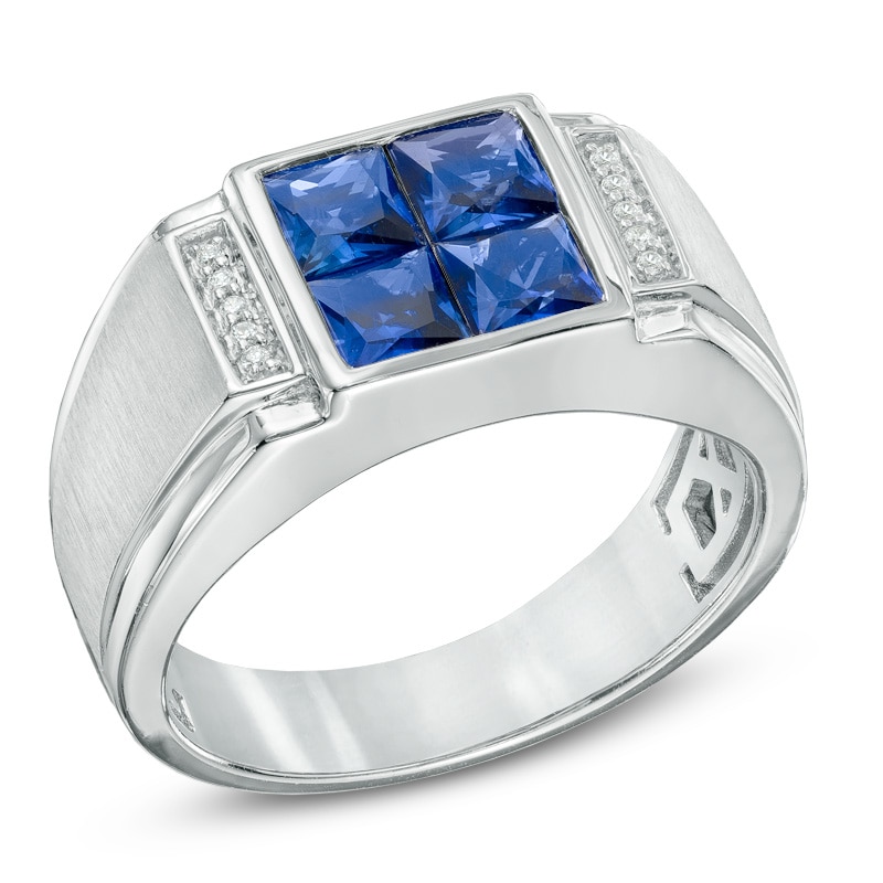 Men's Square-Cut Lab-Created Blue Sapphire and Diamond Accent Quad Ring in Sterling Silver