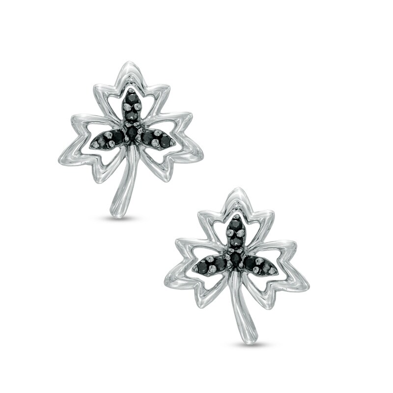 Main Image 1 of Black Diamond Accent Maple Leaf Earrings in Sterling Silver