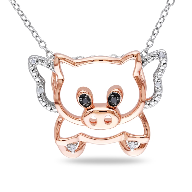 Main Image 1 of Black and White Diamond Accent Flying Pig Pendant in Two-Tone Sterling Silver