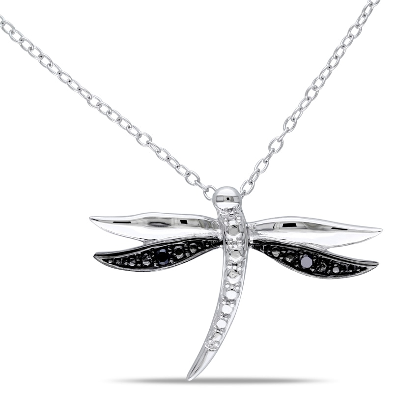 Black Diamond Accent Dragonfly Pendant in Two-Tone Sterling Silver