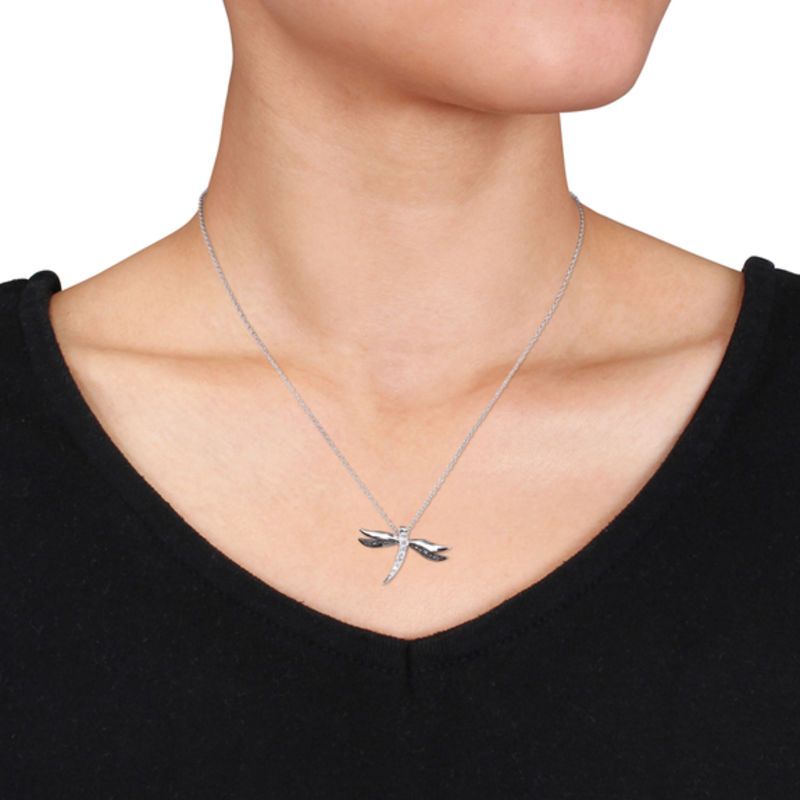 Black Diamond Accent Dragonfly Pendant in Two-Tone Sterling Silver
