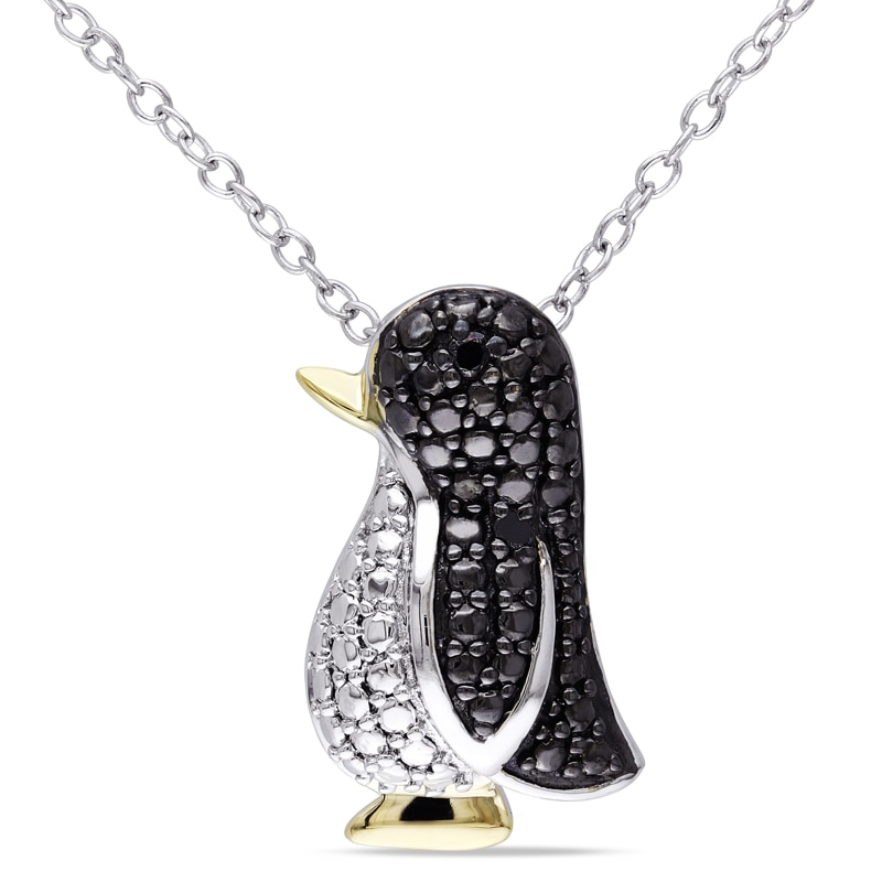 Black Diamond Accent Penguin Pendant in Tri-Tone Sterling Silver|Peoples Jewellers