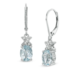 Oval Aquamarine and Diamond Accent &quot;X&quot; Earrings in Sterling Silver