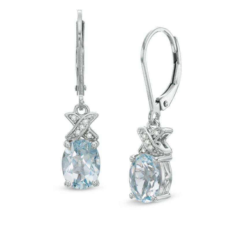 Main Image 1 of Oval Aquamarine and Diamond Accent "X" Earrings in Sterling Silver