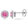 Thumbnail Image 0 of 5.0mm Pink Lab-Created Sapphire and 0.07 CT. T.W. Diamond Frame Stud Earrings in Sterling Silver