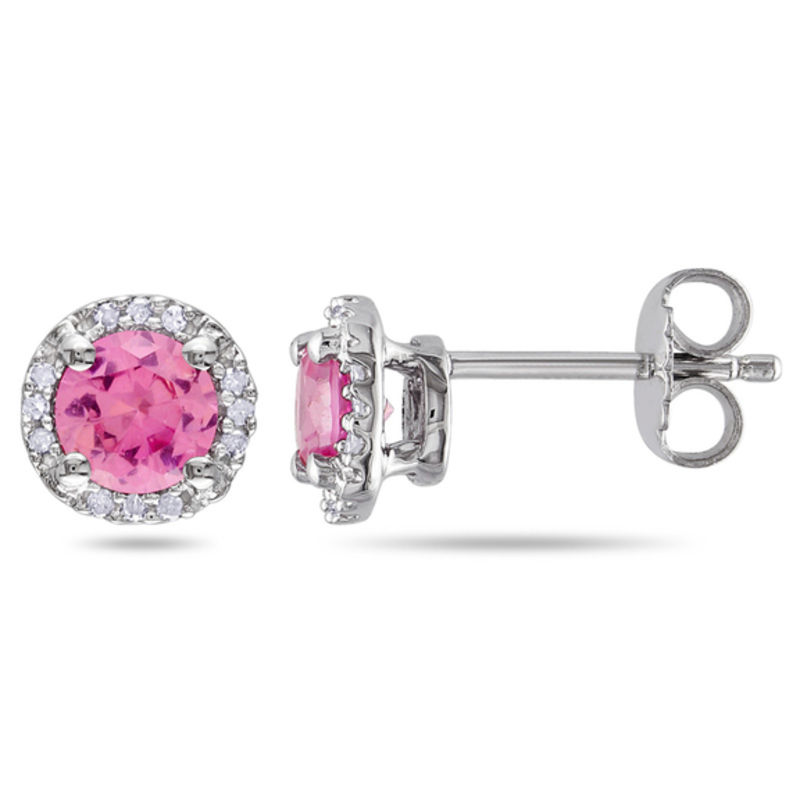 5.0mm Pink Lab Created Sapphire and 0.07 CT. T.W. Diamond Frame Stud Earrings in Sterling Silver