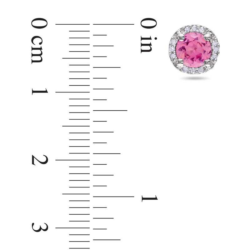 Main Image 2 of 5.0mm Pink Lab-Created Sapphire and 0.07 CT. T.W. Diamond Frame Stud Earrings in Sterling Silver