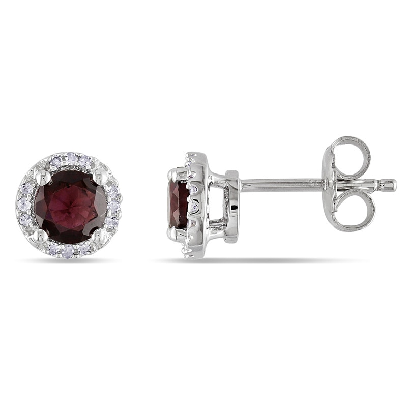 Main Image 1 of 5.0mm Garnet and 0.07 CT. T.W. Diamond Frame Stud Earrings in Sterling Silver