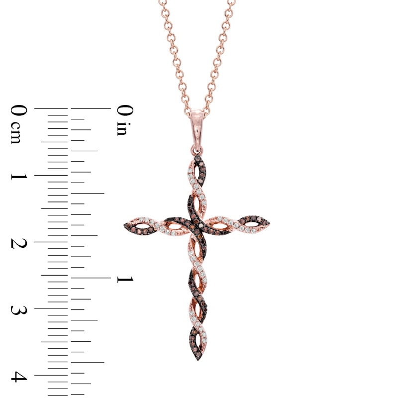 Main Image 2 of 0.16 CT. T.W. Enhanced Cognac and White Diamond Twisting Cross Pendant in 10K Rose Gold
