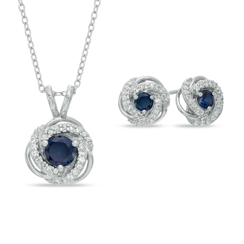 Main Image 1 of Lab-Created Blue and White Sapphire Pendant and Earrings Set in Sterling Silver