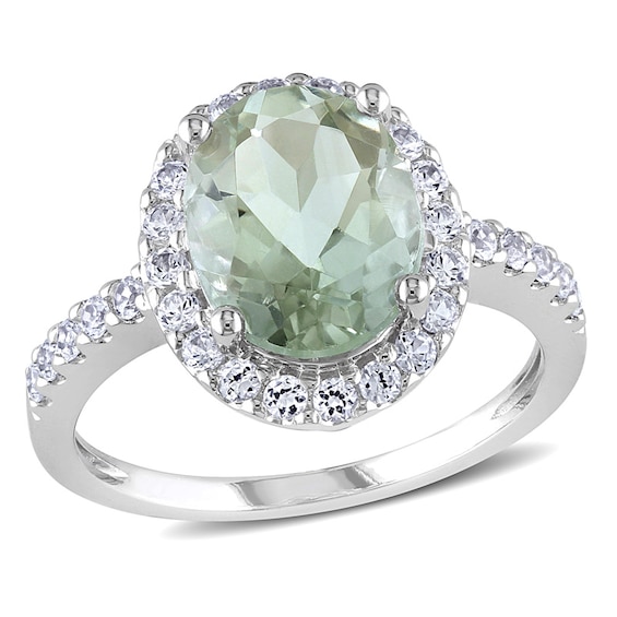 Oval Green Quartz and Lab-Created White Sapphire Frame Ring in 10K White Gold