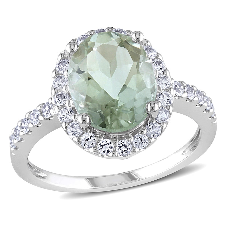 Oval Green Quartz and Lab-Created White Sapphire Frame Ring in 10K White Gold