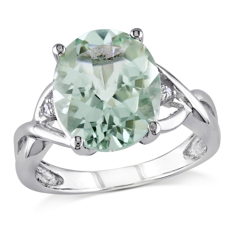 Oval Green Quartz and Diamond Accent Ring in Sterling Silver