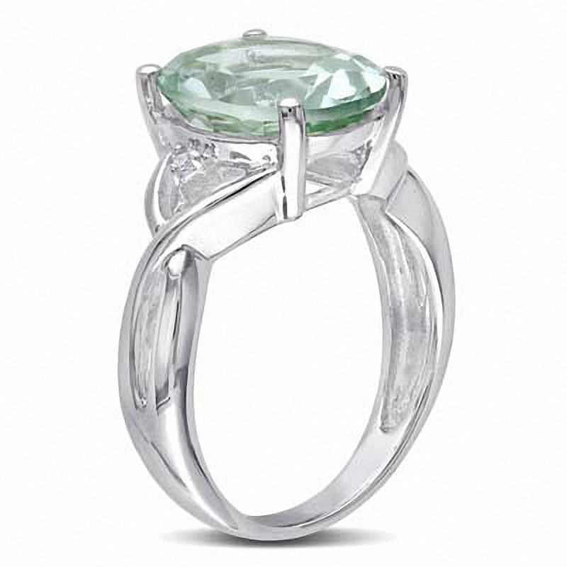Oval Green Quartz and Diamond Accent Ring in Sterling Silver