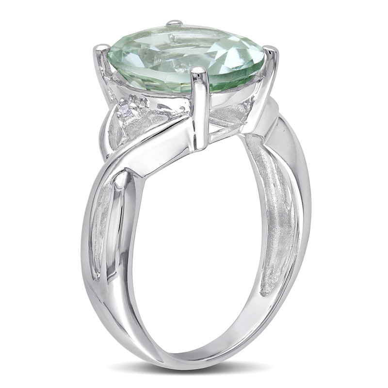 Oval Green Quartz and Diamond Accent Ring in Sterling Silver