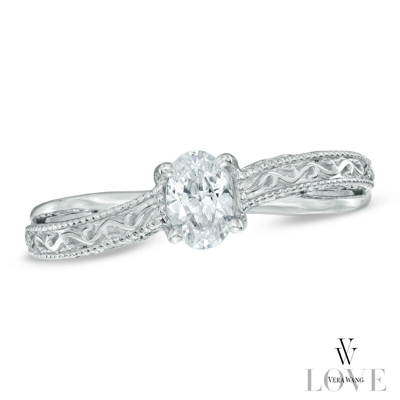 Vera Wang Love Collection 0.45 CT. Oval Diamond Solitaire Scroll Engagement Ring in 14K White Gold