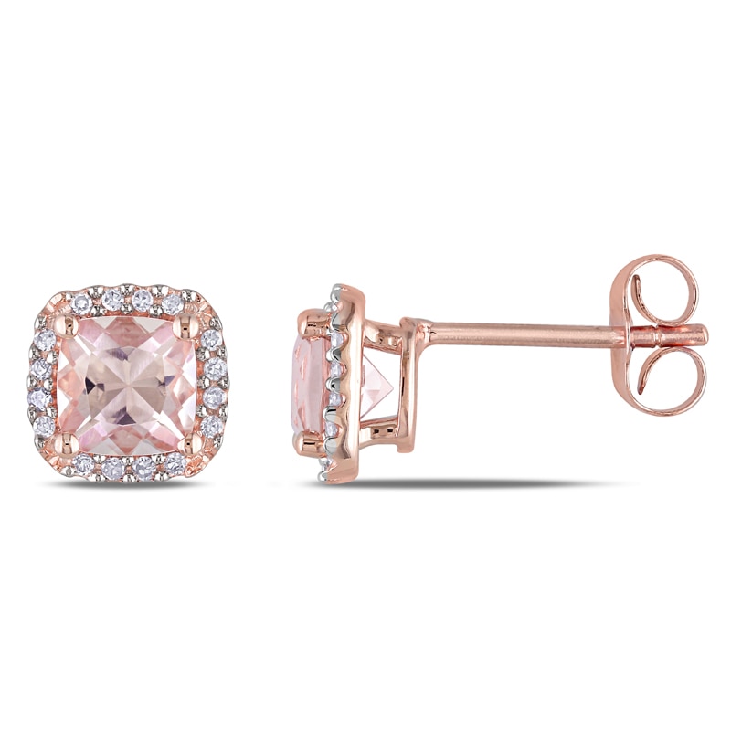 5.0mm Cushion-Cut Morganite and 0.09 CT. T.W. Diamond Frame Stud Earrings in 10K Rose Gold|Peoples Jewellers