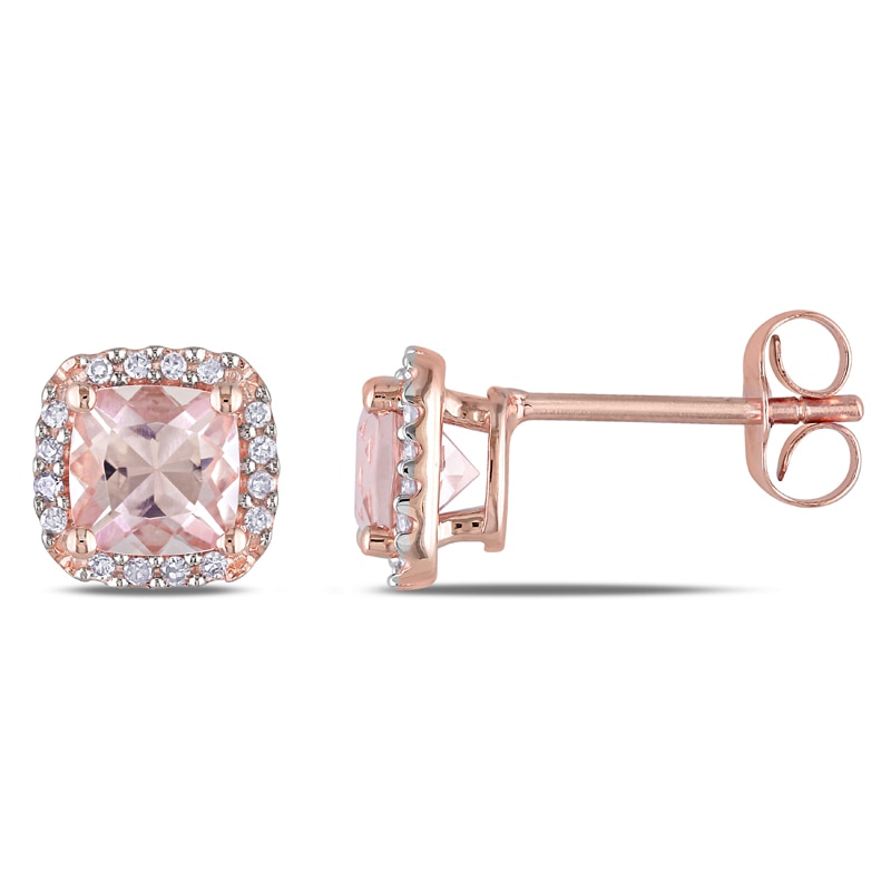 5.0mm Cushion-Cut Morganite and 0.09 CT. T.W. Diamond Frame Stud Earrings in 10K Rose Gold