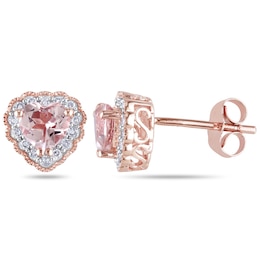 5.0mm Heart-Shaped Morganite and 0.09 CT. T.W. Diamond Frame Stud Earrings in 10K Rose Gold
