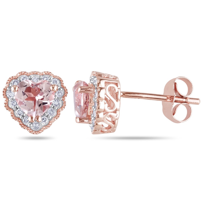 5.0mm Heart-Shaped Morganite and 0.09 CT. T.W. Diamond Frame Stud Earrings in 10K Rose Gold