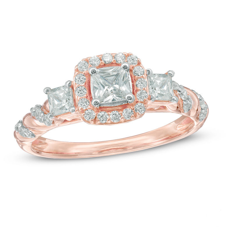 0.70 CT. T.W. Princess Cut Diamond Frame Past Present Future Engagement Ring in 14K Rose Gold