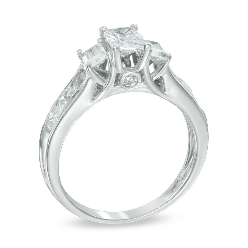 0.45 CT. T.W. Diamond and Blue Sapphire Past Present Future Engagement Ring 14K White Gold