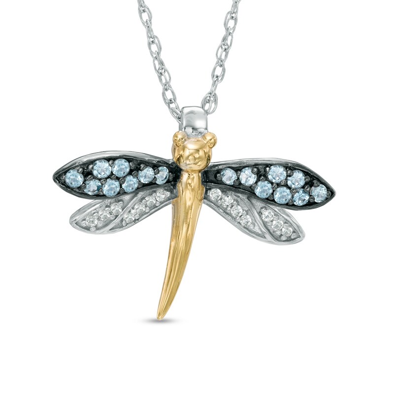 Main Image 1 of Blue Topaz and Lab-Created White Sapphire Dragonfly Pendant in Sterling Silver with 14K Gold Plate
