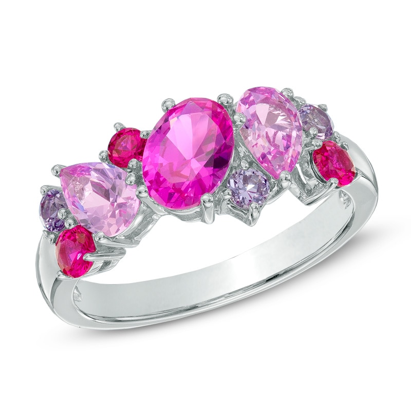 Main Image 1 of Multi-Shaped Lab-Created Ruby and Pink and Purple Sapphire Ring in Sterling Silver
