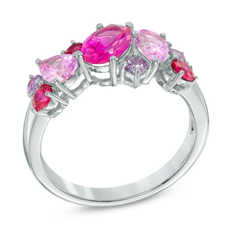 Main Image 2 of Multi-Shaped Lab-Created Ruby and Pink and Purple Sapphire Ring in Sterling Silver