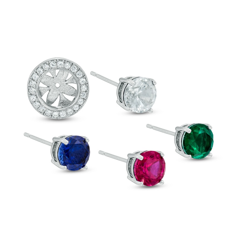 Multi-Gemstone and Lab-Created  White Sapphire Frame Stud Earrings Set in Sterling Silver