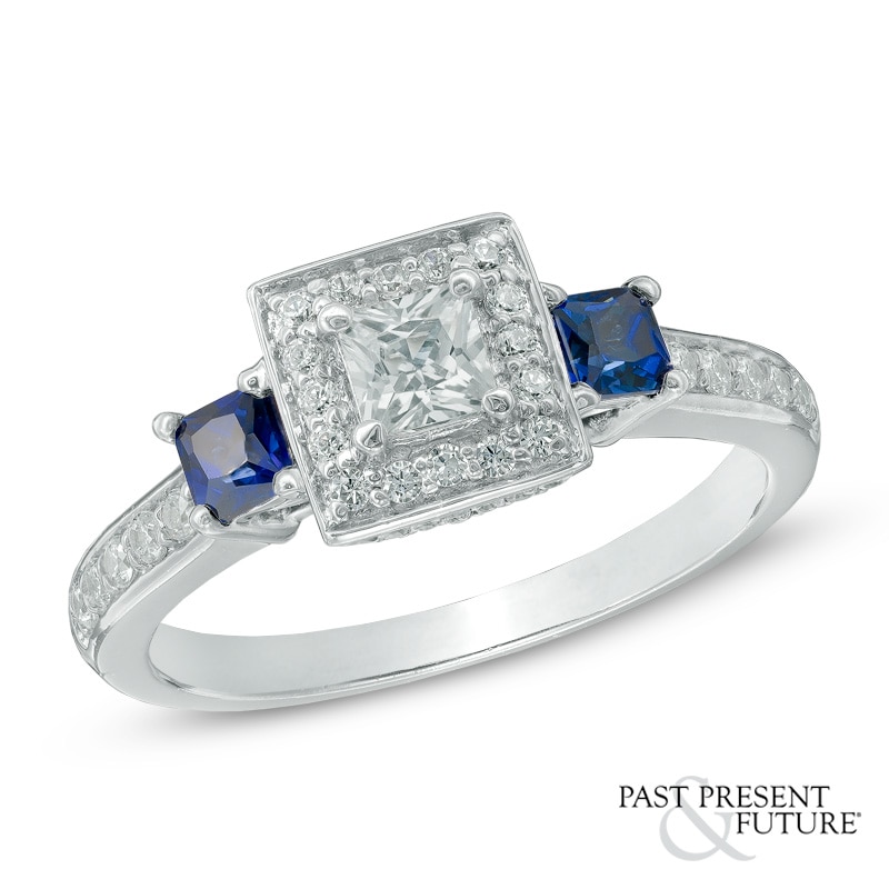 0.45 CT. T.W. Princess-Cut Diamond and Blue Sapphire Past Present Future Ring in 14K White Gold