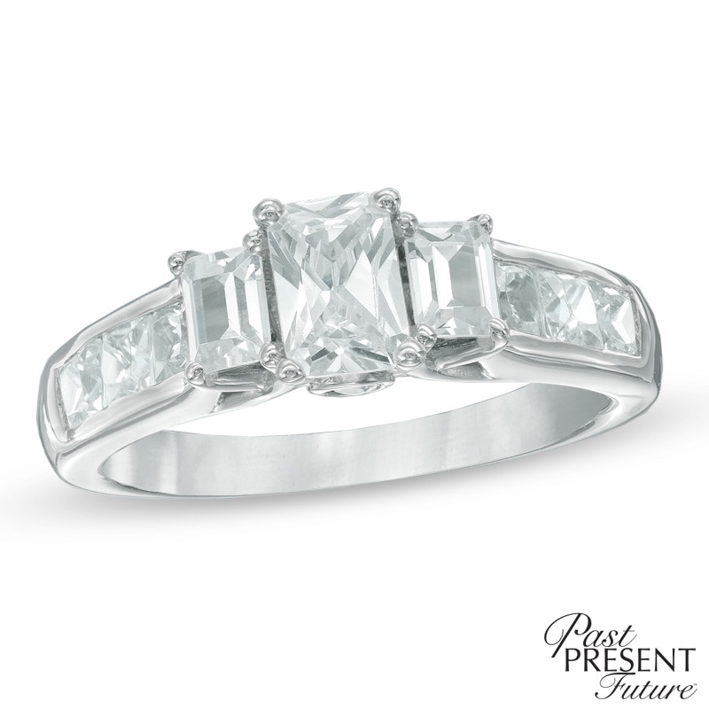 Main Image 1 of 1.95 CT. T.W. Certified Emerald-Cut Diamond Past Present Future® Ring in 14K White Gold (I/I1)
