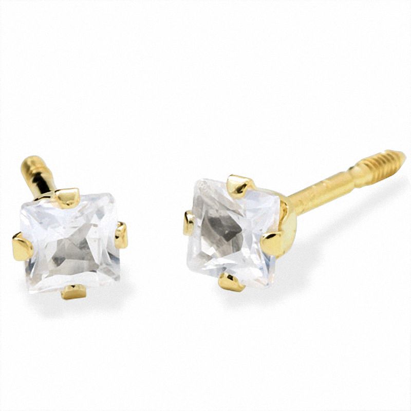 Child's 3.0mm Princess-Cut Lab-Created White Sapphire Earrings in 14K Gold