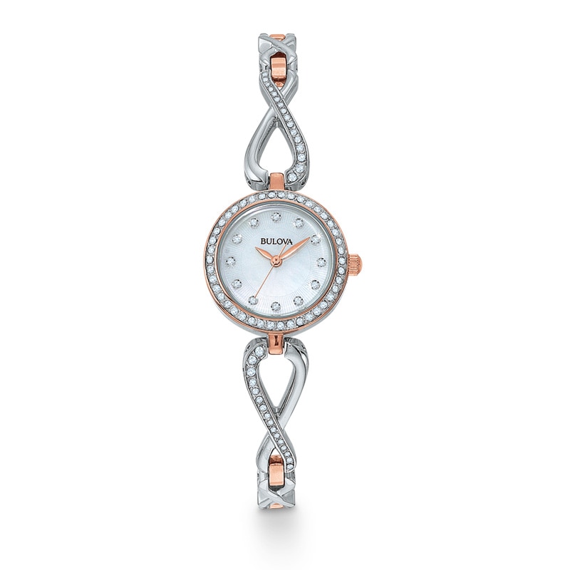 Ladies' Bulova Crystal Watch with Mother-of-Pearl Dial and Sideways Infinity Pendant Set (Model: 98X108)|Peoples Jewellers