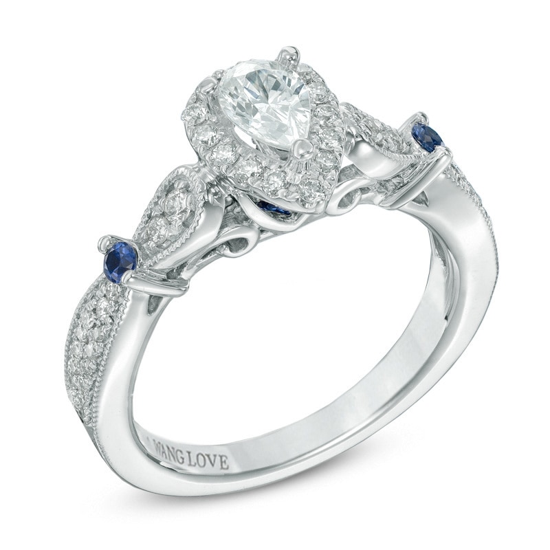 Vera Wang Love Collection 0.58 CT. T.W. Pear-Shaped Diamond and Blue Sapphire Ring in 14K White Gold