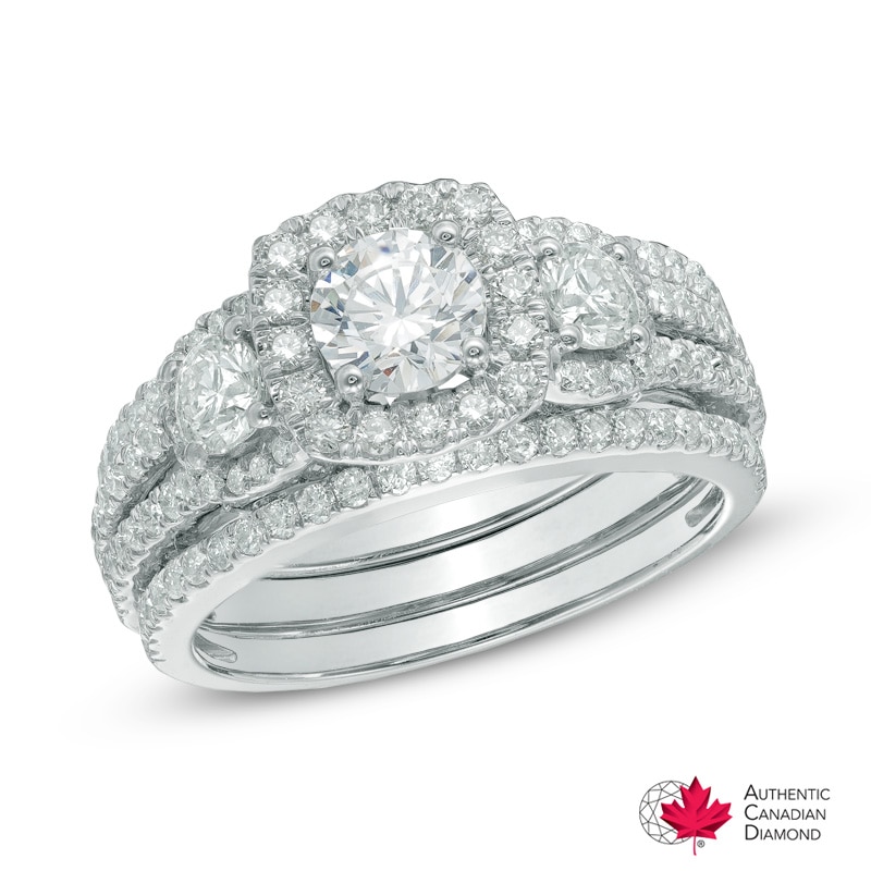 1.56 CT. T.W. Certified Canadian Diamond Three Stone Frame Engagement Ring in 14K White Gold (I/I2)